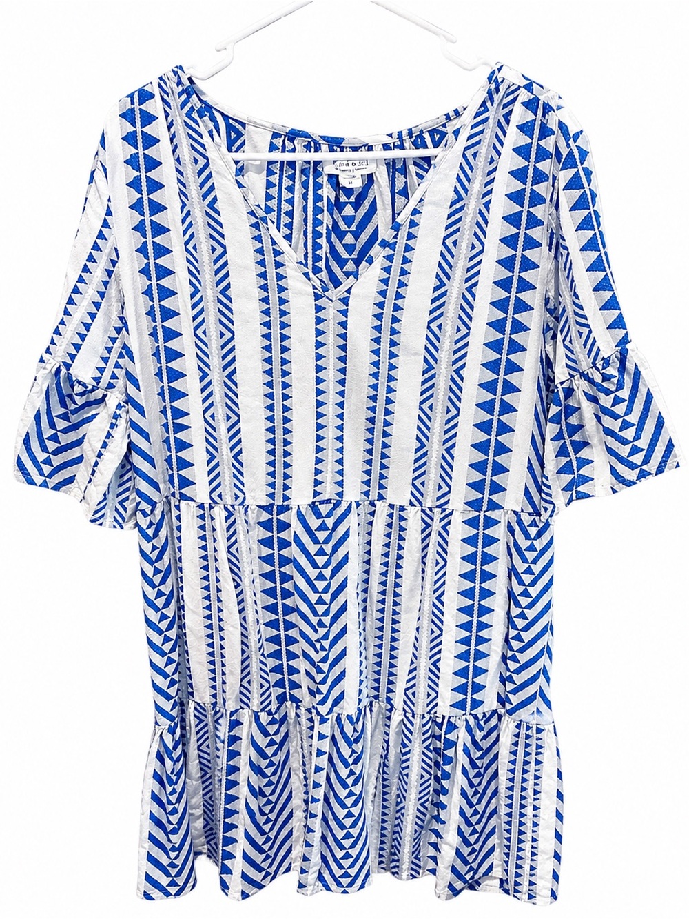 Velvet by Graham & Spencer Blue White Geometric Tiered Tunic Dress M - Picture 2 of 4